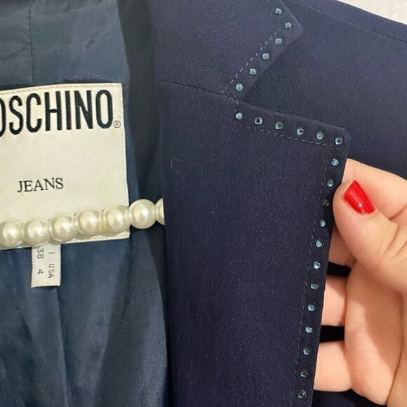 Moschino Jeans Vintage 80s 90s Retro Navy Rhinestone Trim Blazer SIZE 4 - Picture 4 of 8